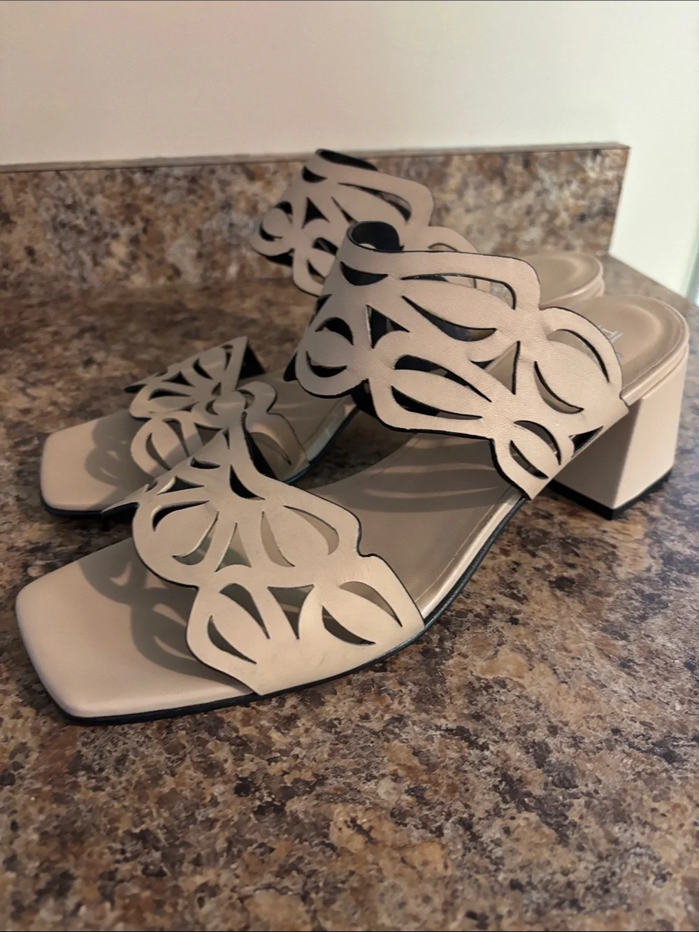 Scalloped Cutout Block Heel Sandals in Cream